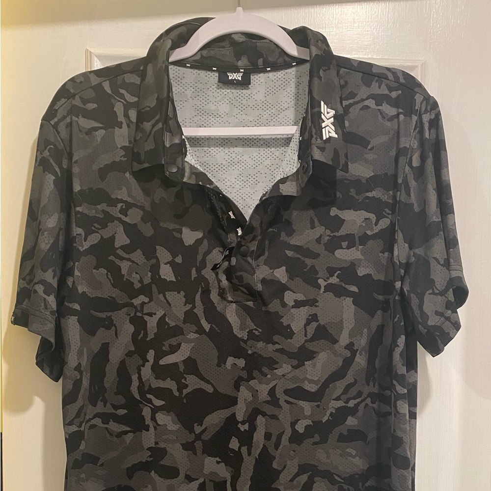 Black and gray camo PXG golf shirt